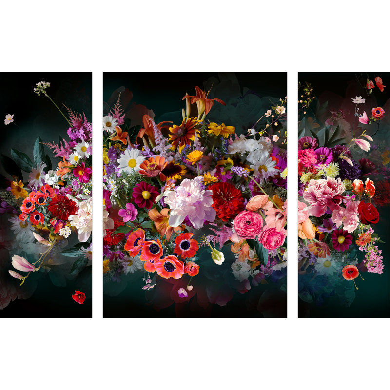 Bouquet Of Flowers Photographic Art Print On Glass - 3 Piece No Frame Print on Glass