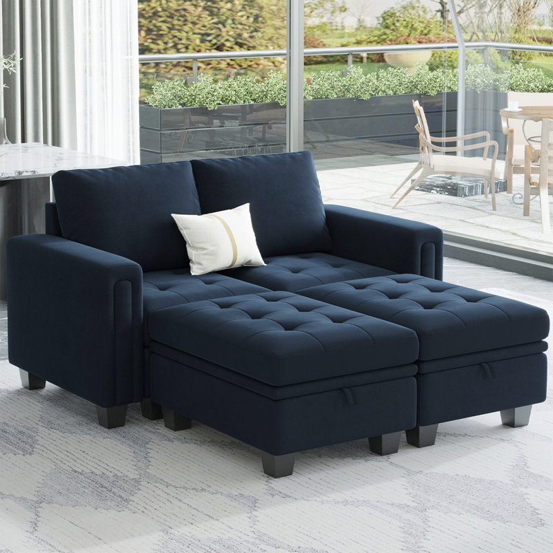 Canapé-lit modulaire en velours convertible 4 pièces avec repose-pieds Shavera, Velours bleu