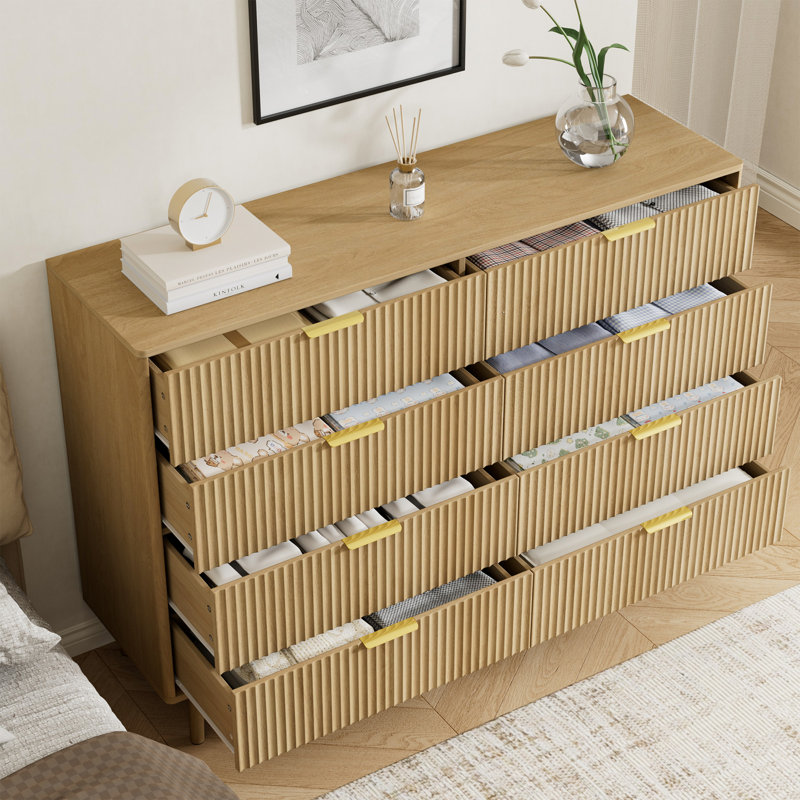 Fluted 8-Drawer Double Dresser For Bedroom, Curved Profile Design, Wood Drawer Organizer For Living Room, Hallway, Nursery, Hallway Closet