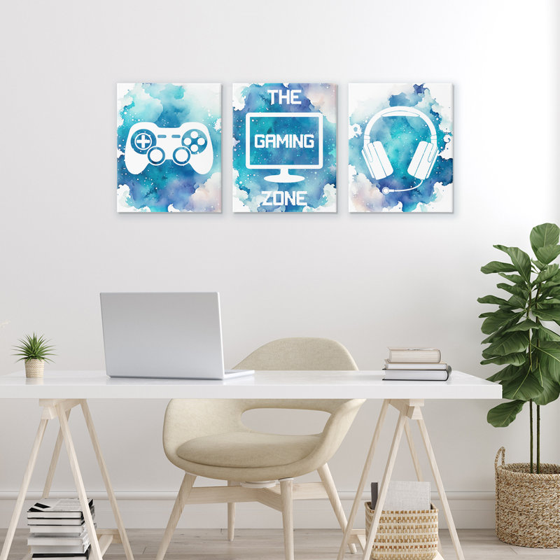 Ensemble de 3 toiles Blue Gamer Splatters, design par Marcus Prime, H 14 po x l 11 po