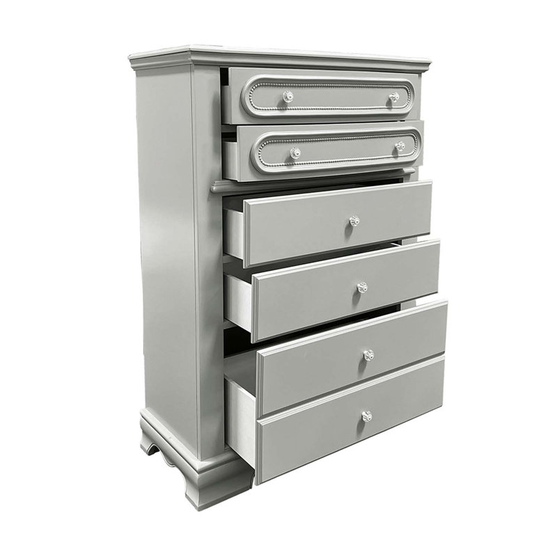 Commode 5 tiroirs Flora, finition blanche, Gris