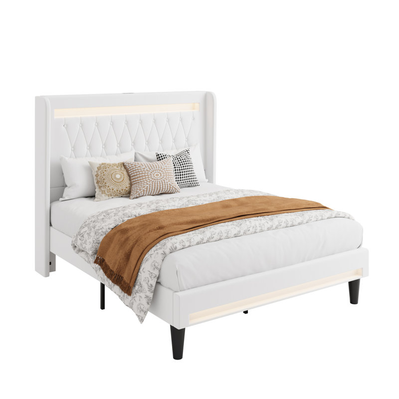 Modern Diamond-Tufted Upholstered Bed Frame With RGB LED Lights, USB Charging Ports & Wingback Headboard, Full, White