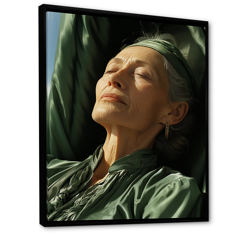 «Peaceful Sage Woman Elegance» - imprimé, Cadre flottant noir, 44" H x 34" W