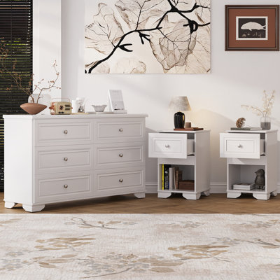 Ensemble de chambre à coucher 3 pièces, commode 6 tiroirs et deux tables de chevet avec poignées en métal, style élégant et rétro, blanc