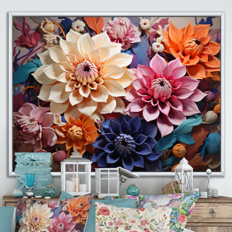«Dahlia Dreams I» sur toile, H 30 po x l 40 po x P 1,5 po, Cadre flottant blanc