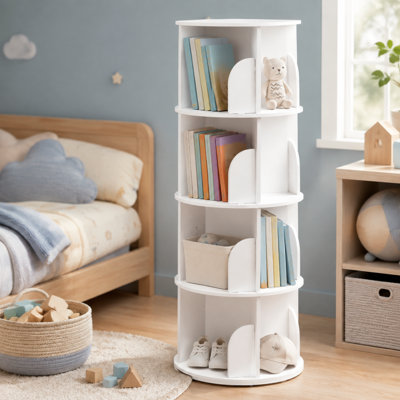4‑Tier Rotating Bookshelf Tower, 360‑Degree Spinning Lazy Susan Bookcase, Round Revolving Carousel Storage Shelf, Vertical Spiral Corner Organizer for Home Storage