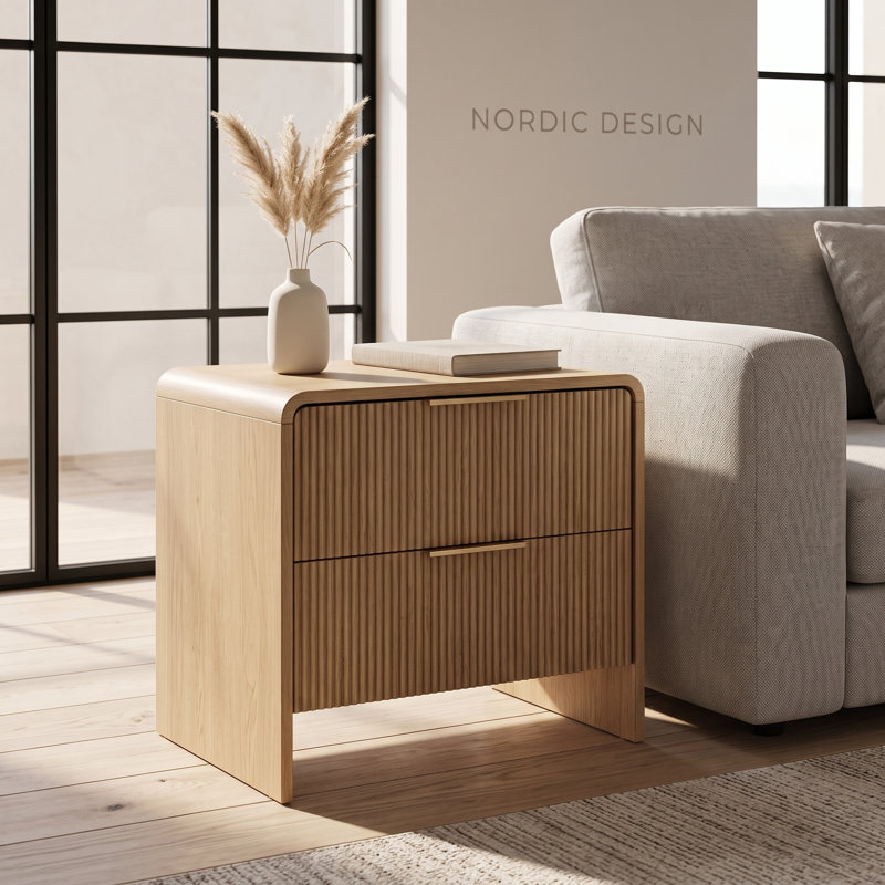 Arcen 22"W Nightstand with 2-Drawer and Fluted Texture (Set of 2), Set of 2, Natural Oak