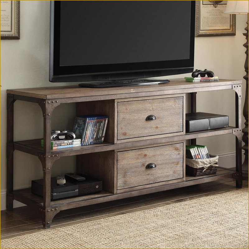 Meuble télé, chêne patiné moderne Argent antique avec rangement | 60,5 po de largeur | Chêne + argent | Taille du téléviseur: 50 à 59 pouces