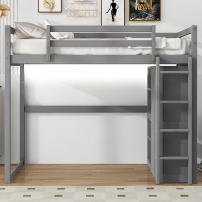 Lit mezzanine double en bois avec garde-robe intégrée et tablettes de rangement, lumière DEL