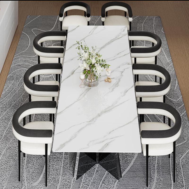 9 - Piece Dining Table Set With 94.5'' Extendable Rectangle Sintered Stone Tabletop With 8 Upholstered  Armchairs