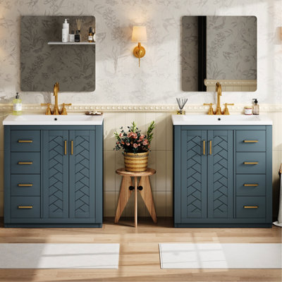 Meuble-lavabo de 60 po avec lavabo en céramique de 30 po, structure en bois massif, espace de tiroir spacieux, rangement dissimulé, tiroirs coulissants pour armoire de rangement et conception exquise, fermeture en douceur