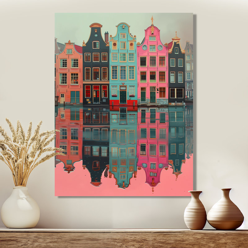 Décoration murale Amsterdam, canal gris et rose II - décoration murale Amsterdam, Toile tendue, H 32 po x l 24 po x P 1 po