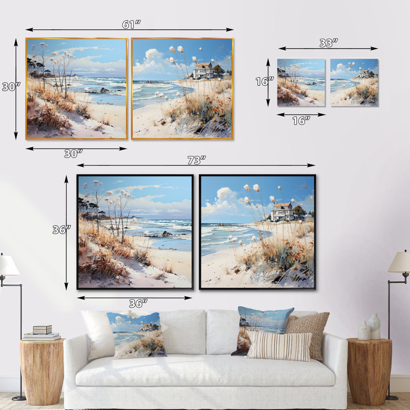 Coastal Beach Charm Retreat - Ensemble de 2 collages carrés Coastal Beach, Cadre flottant noir, H 16 po x l 33 po