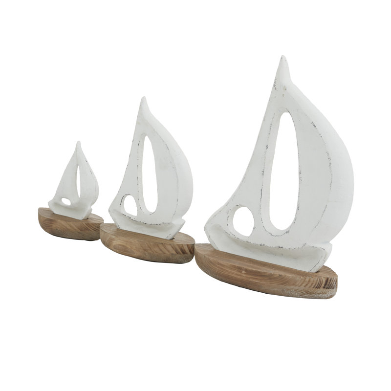 White Wood Sail Boat Decorative Sculpture with Wood Base, Set of 3, White/Brown