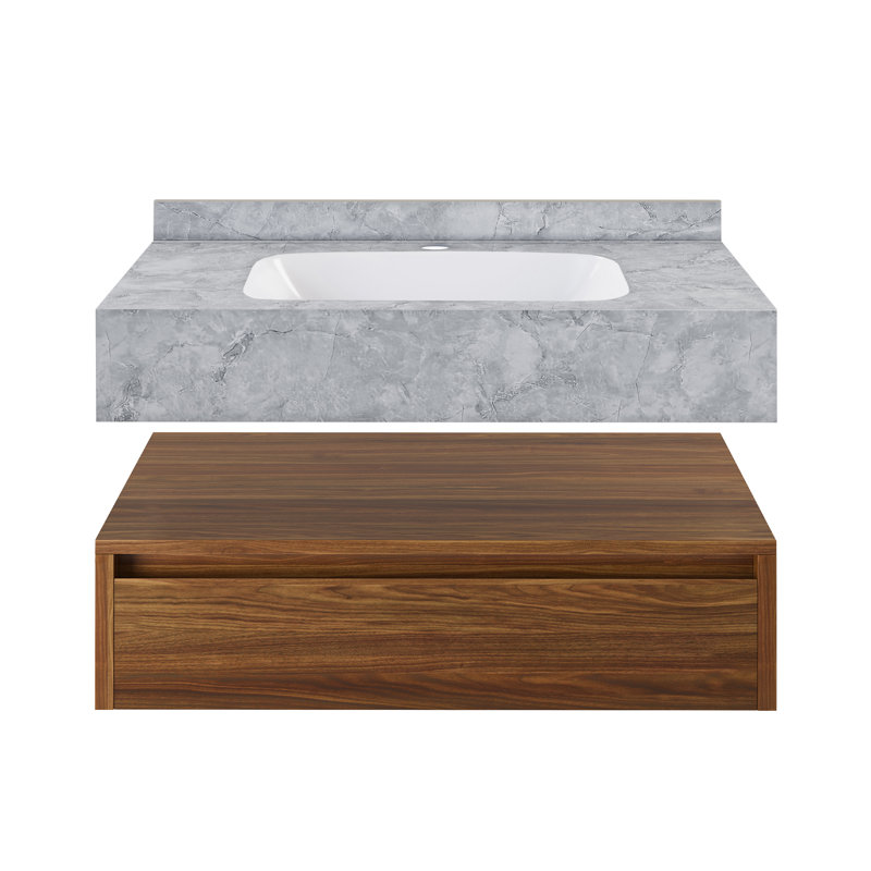 Meuble-lavabo mural 36 po Avancer en chêne naturel avec plateau en marbre noir Avancer, Chêne noir, Gris