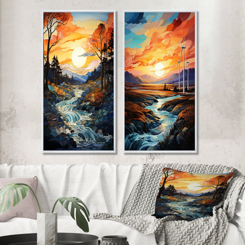 Wind Turbines Sunrise Valley - Ensemble de 2 reproductions d'art mural, Cadre blanc, H 32 po x l 33 po