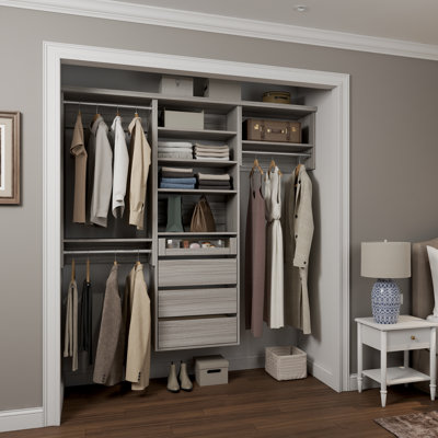 Grey Oak  94.5" Wall-Mounted Single Wall Closet System with 3 Sections, 3 Clothing Rods, 5 Shelves & 4 Reveal Drawers