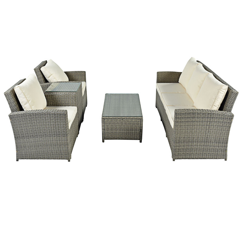 Ensemble de conversation avec canapé en rotin 5 pièces Sushmita, Beige