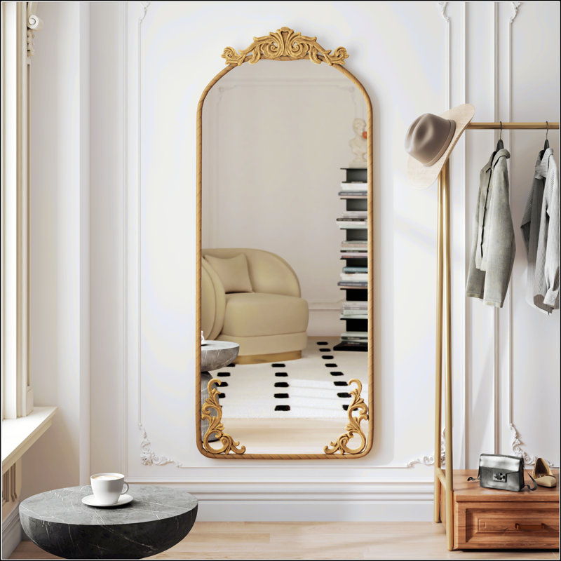 Miroir arqué à corps entier avec applique sculptée rétro, fixé au mur pour la décoration intérieure, Bronze