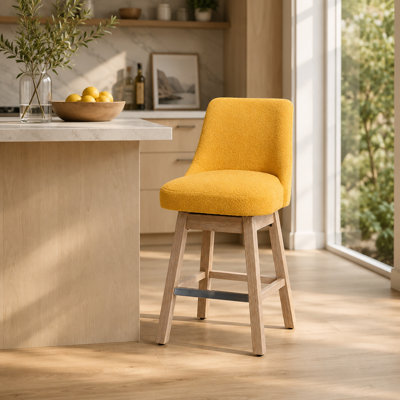 Ensemble de 2 tabourets de bar pivotants à 360 ° à hauteur de comptoir de 26 po avec dossier, tabourets rembourrés de style moderne Mid-Century avec pieds en bois massif pour îlot de cuisine, jaune
