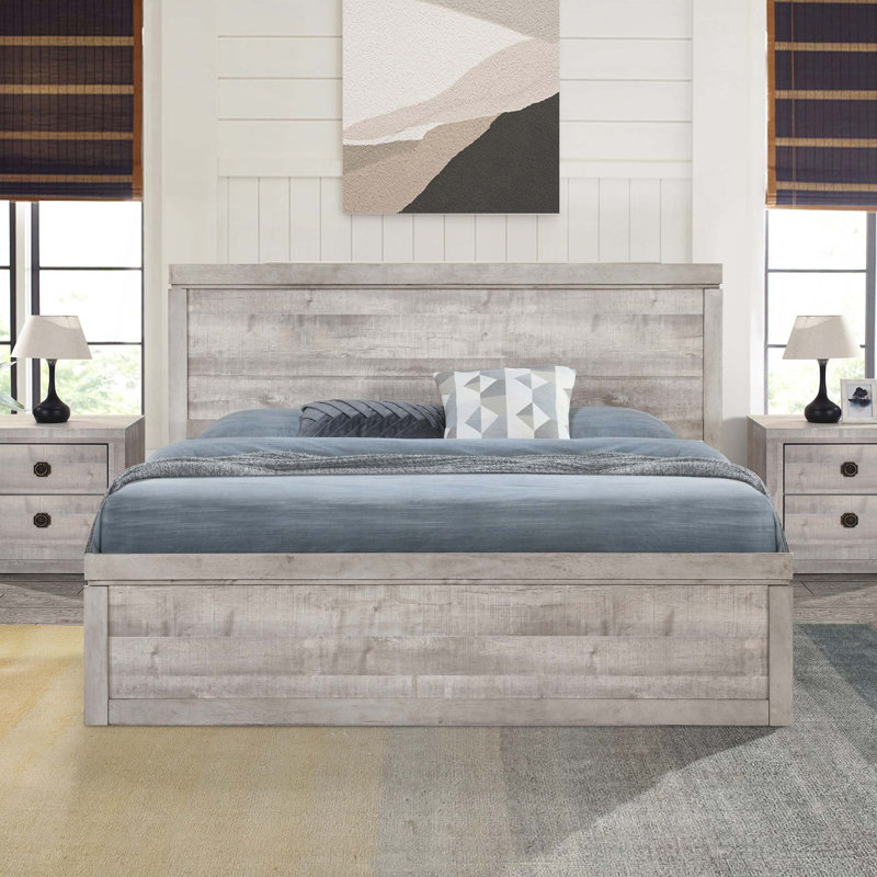 Lit plateforme de style campagnard rétro avec 10 lattes en bois, aucun sommier nécessaire, Blanc rustique, Très grand lit