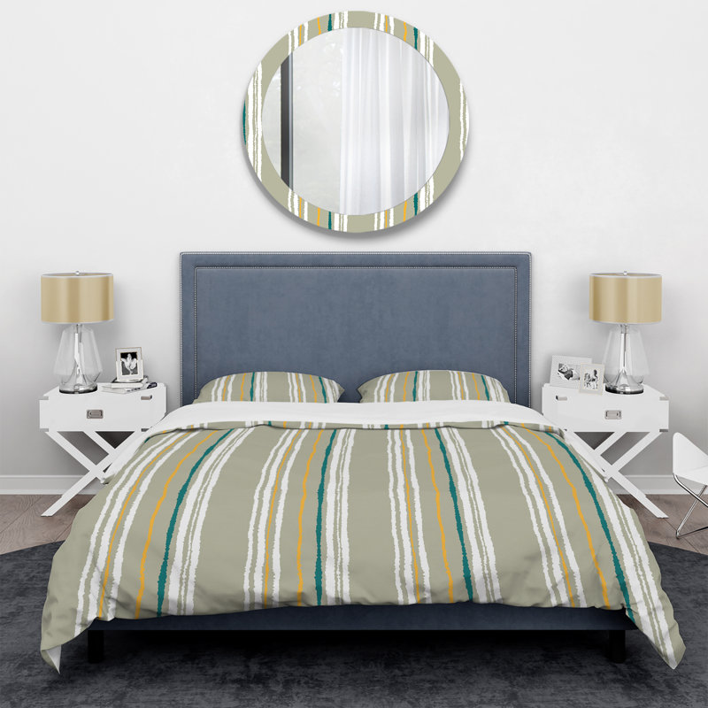 White and Yellow Striped Pattern Polyester Striped Duvet Cover Set