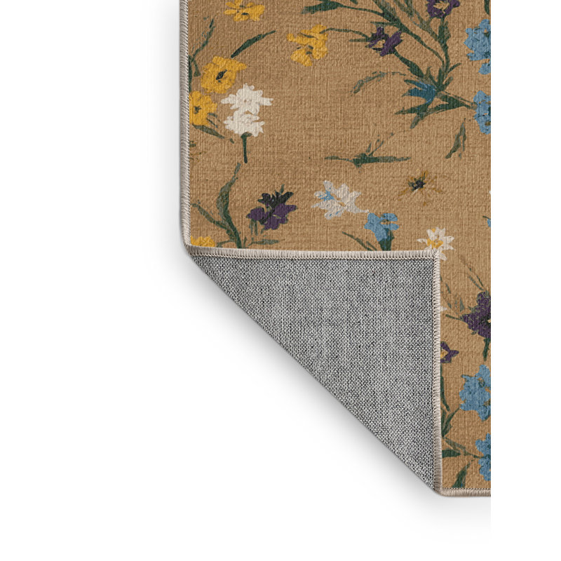 Washable Meadow Flowers Farm Area Rug, Square 4'