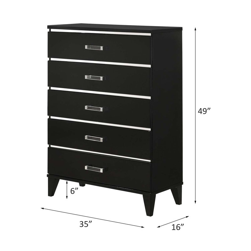 Commode 5 tiroirs Chelsie, finition noire, Noir