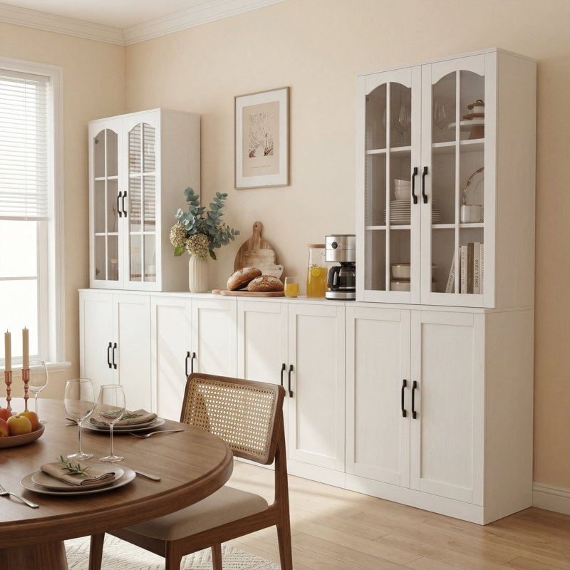 Grande armoire modulaire de 94,4 po avec portes arquées en verre et grande crédence de rangement