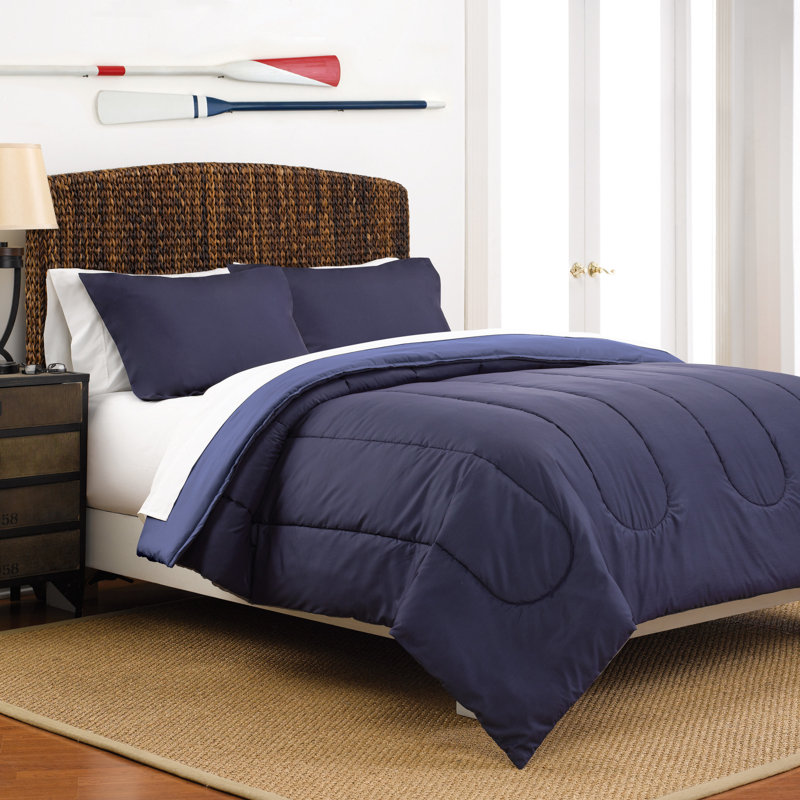 Martex Solid Color Reversible Comforter and Sham Bedding Set Super Soft Brushed Fabric, Navy / Ceil Blue