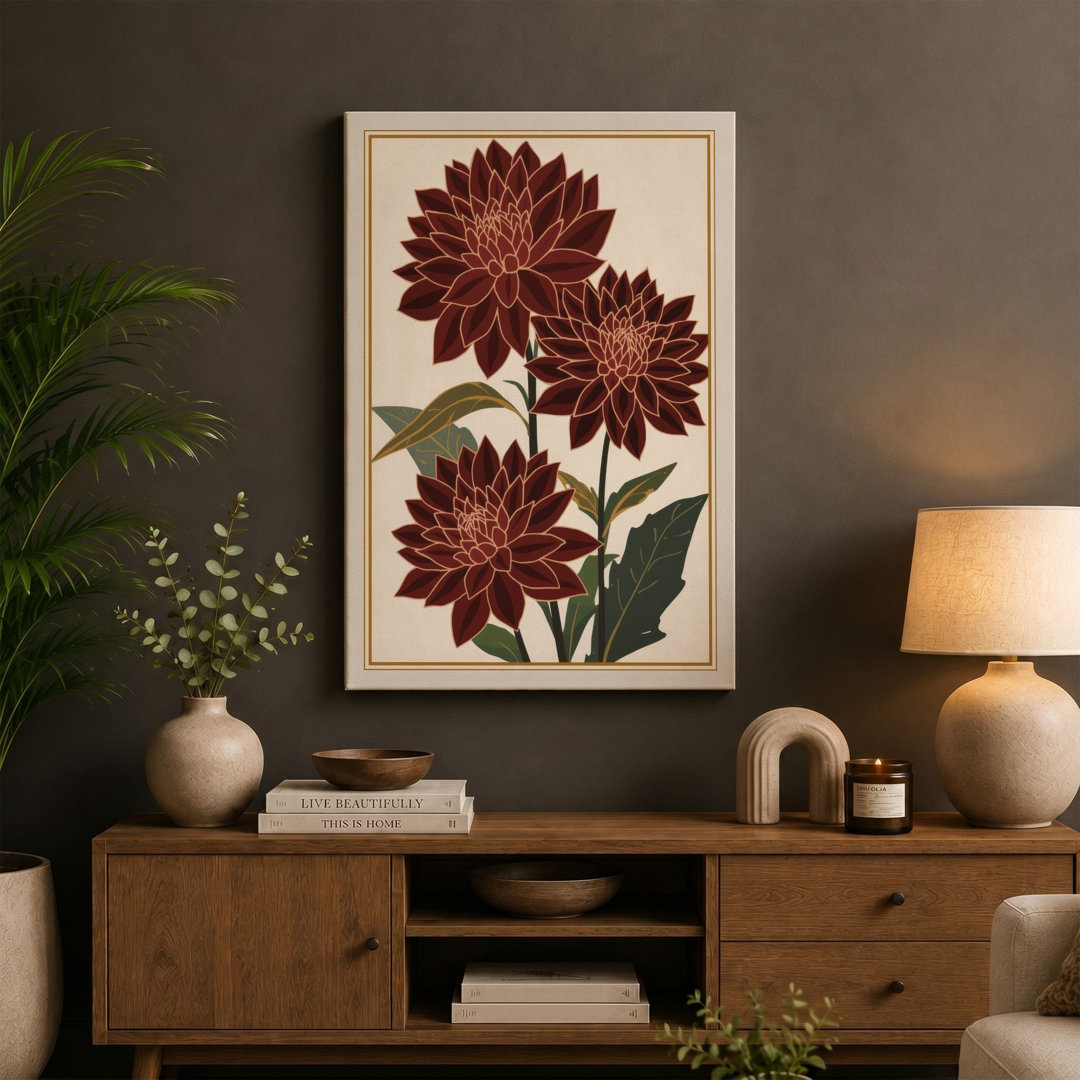 Burgundy Dahlias Botanical - Wrapped Canvas