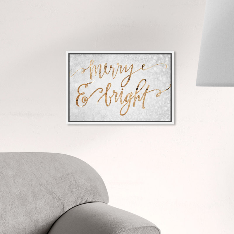 «Merry and Bright», reproduction d'art textuel sur toile tendue, L 45 po x H 30 po, Cadre blanc