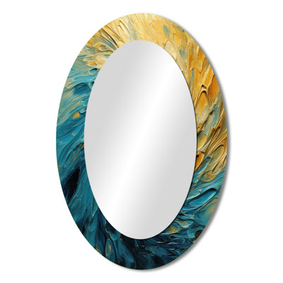 Golden Ocean Swirling Waves Painting II - Gold Modern Oval Wall Mirror