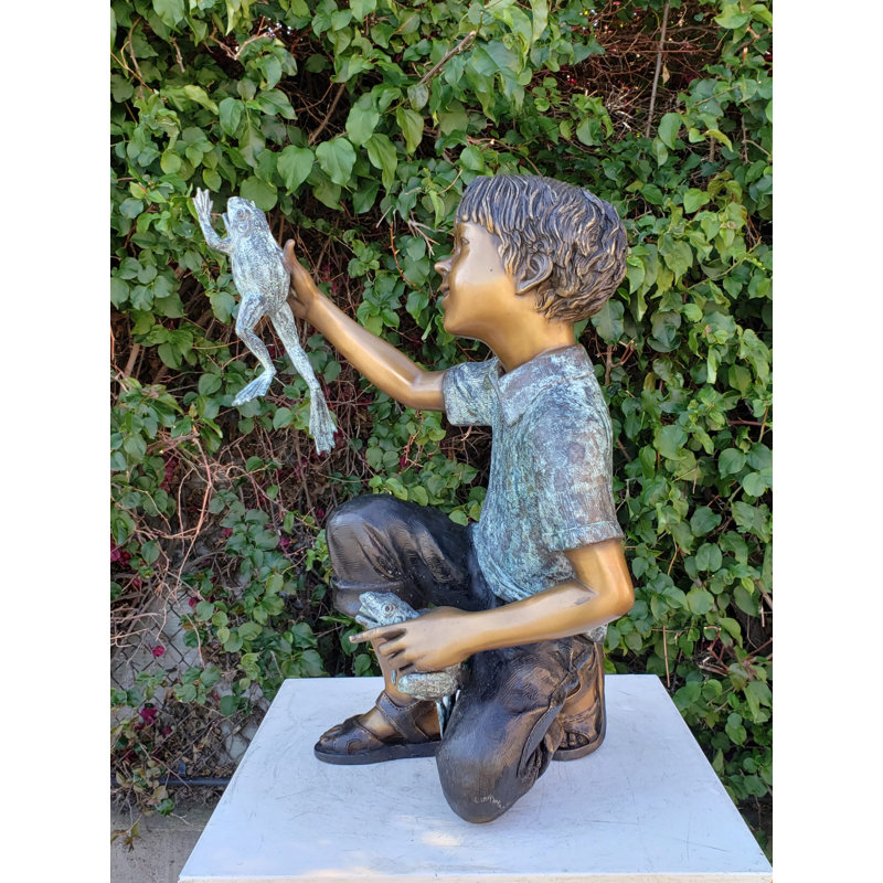 A Little Boy Playing with Two Frogs Bronze Statue Fountain  18" x 16" x 25"H
