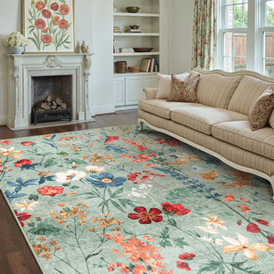Cherry Machine Washable Floral Area Rug With Non-Slip Backing