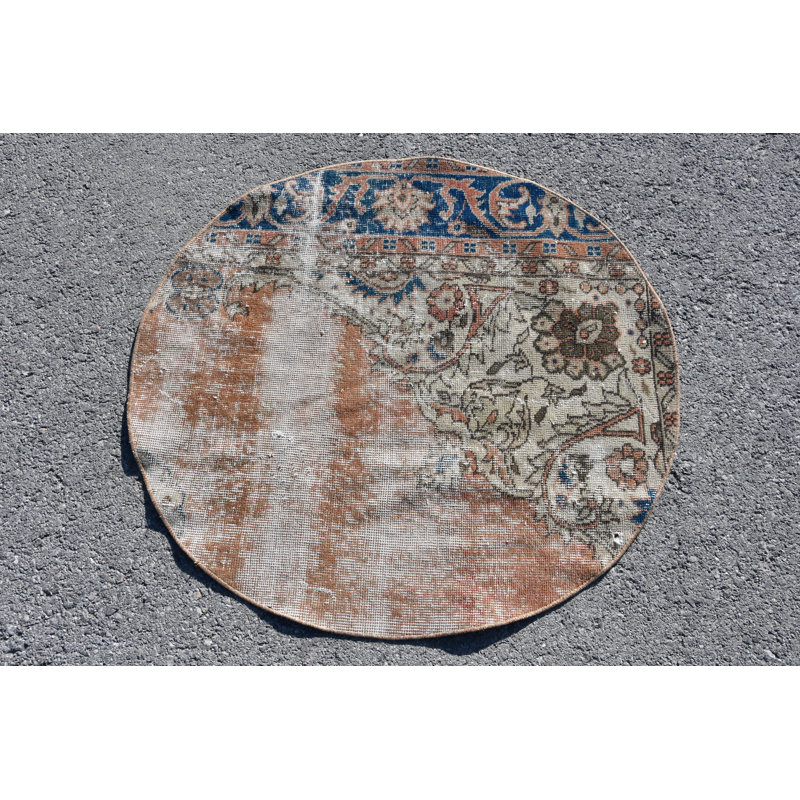 Tapis oriental Oushak fait à la main - petit tapis de porte rond rond dans des tons de terre chauds brun / vert