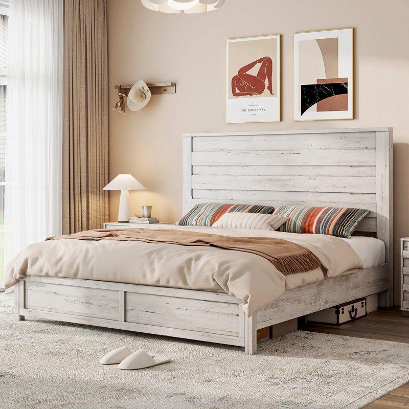 Distressed White Full Farmhouse Wood and Metal Bed Frame with Slats
