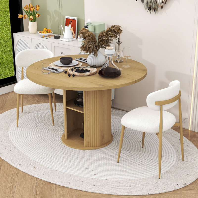 Ensemble de table de salle à manger 3 pièces, table de salle à manger ronde avec tablettes de rangement à 2 niveaux et chaises rembourrées