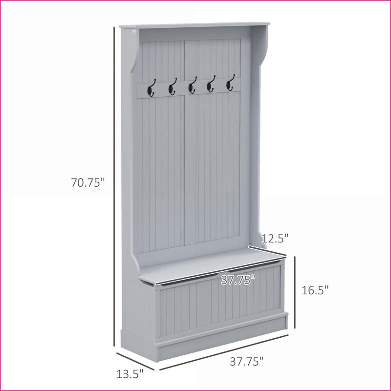 Hall Tree with Storage Bench, 3-in-1 38'' Entryway Organizer with Coat Hooks &amp; Shoe Storage, Gray | MDF | Coat Racks