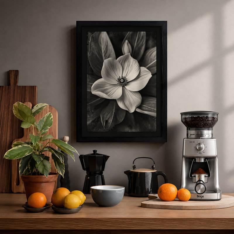 Monochrome Bloom Botanical - Framed Print, Black, A4 - 29.7 x 21.0 cm