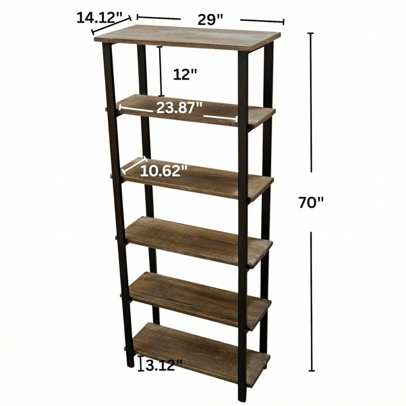 Pomona 29"L x 14.12"W x 70"H 5-Shelf Metal and Solid Wood Bookcase
