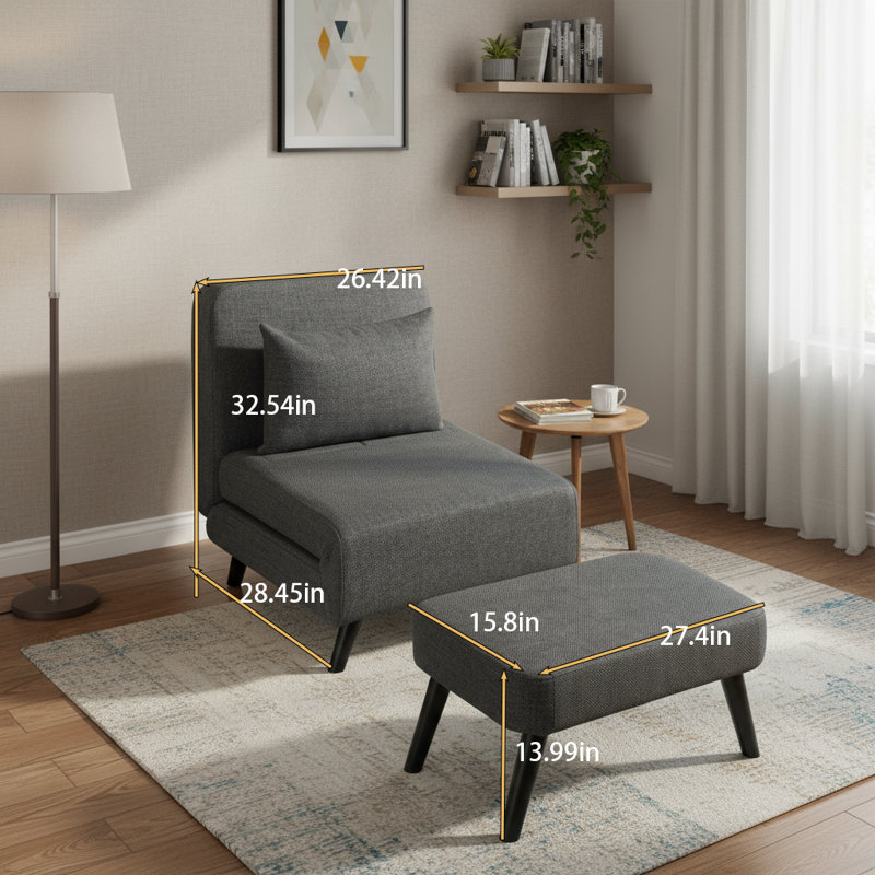 Fauteuil-lit gris convertible, fauteuil inclinable 3 en 1 pliable en lin, avec dossier réglable, repose-pieds et coussin amovible, s'adapte aux petits espaces comme au bureau