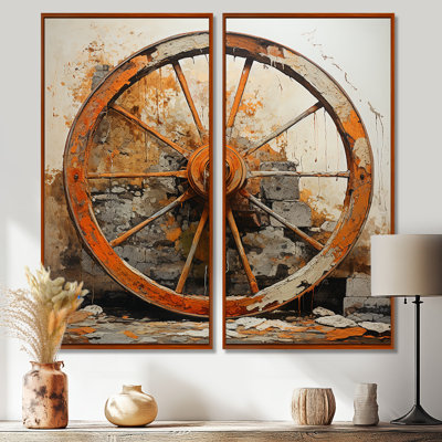 «Orange Old Cart Wheels III - Art ancien chariot américain»