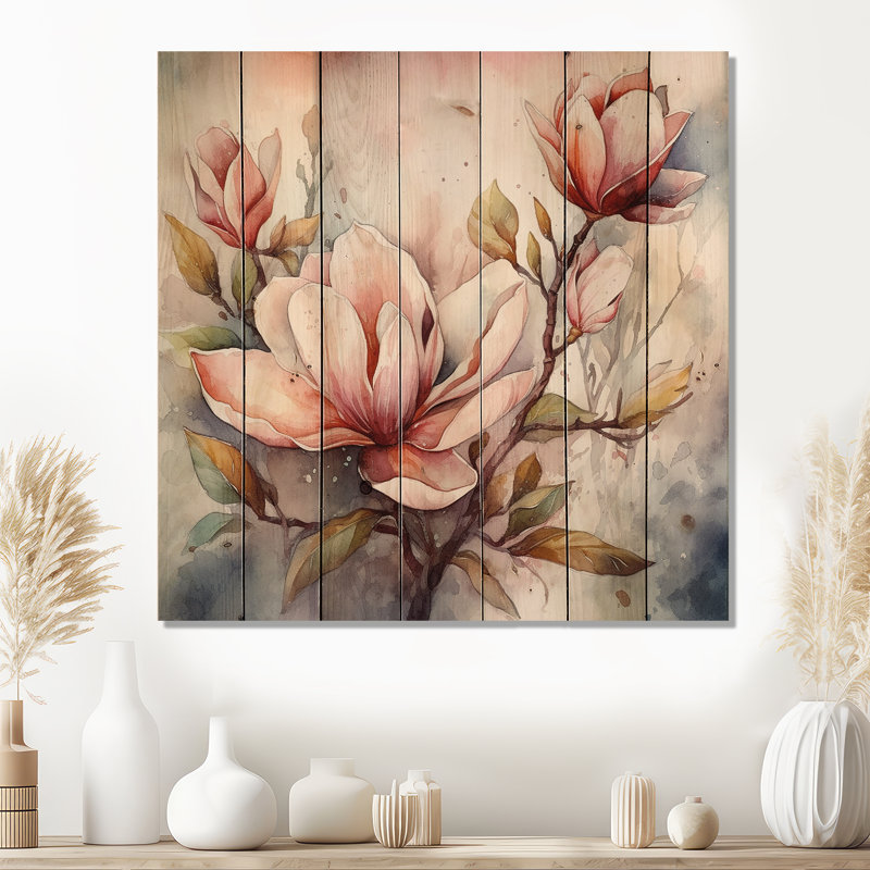 Symphonie de magnolia rouge - impression de magnolias floraux sur bois de pin naturel, H 15 po x l 15 po x P 0,78 po