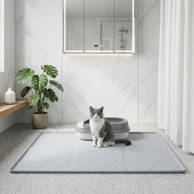 Grand tapis pour litière pour bac à litière, 40 po x 22 po, coussin en silicone imperméable pour protéger le sol ou la zone d'alimentation, gris