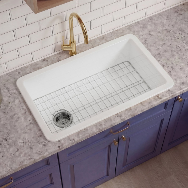 32"Lx19"W Fireclay Undermount Kitchen Sink Offset Drain, Drop In Kitchen Sink White Single Bowl, Dual Mount, Included 2 Custom Accessories