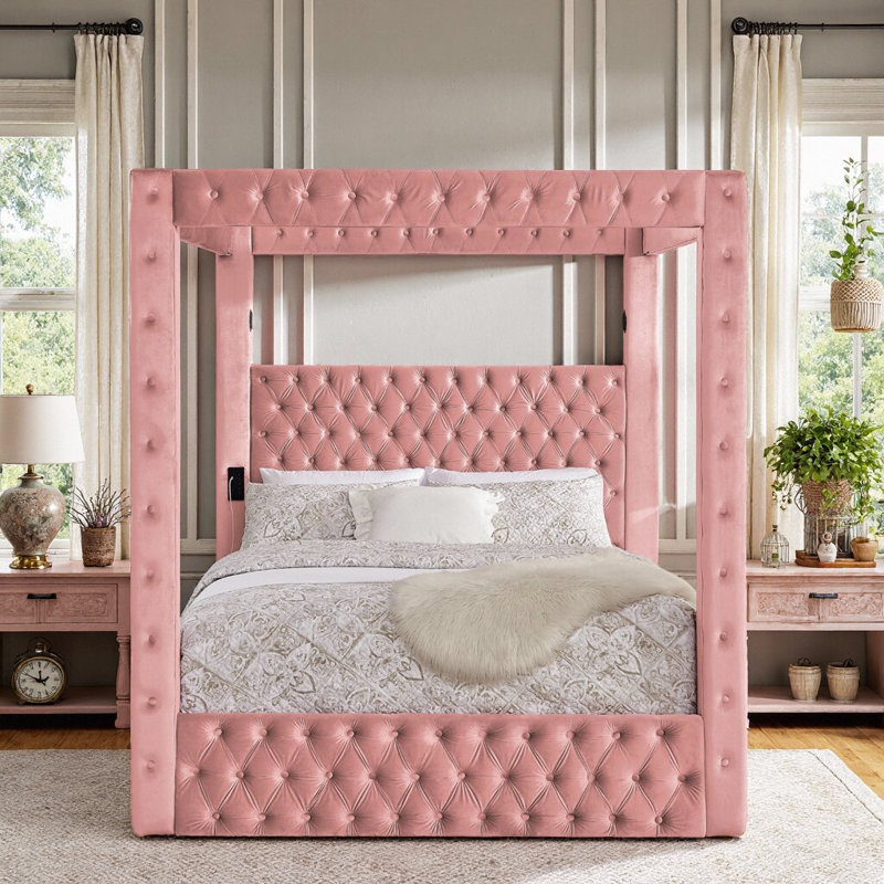 Cadre de lit à baldaquin UNAROSA Queen avec tête de lit en velours, haut-parleurs Bluetooth et ports USB, Rose