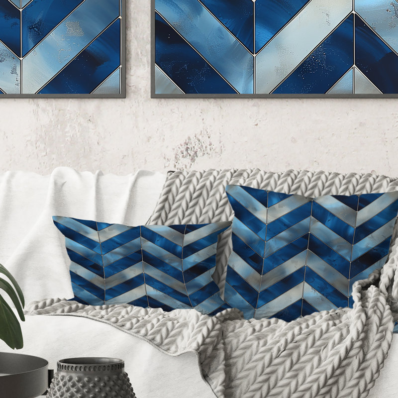 Imprimé à chevrons bleu et argent I - coussin lombaire moderne