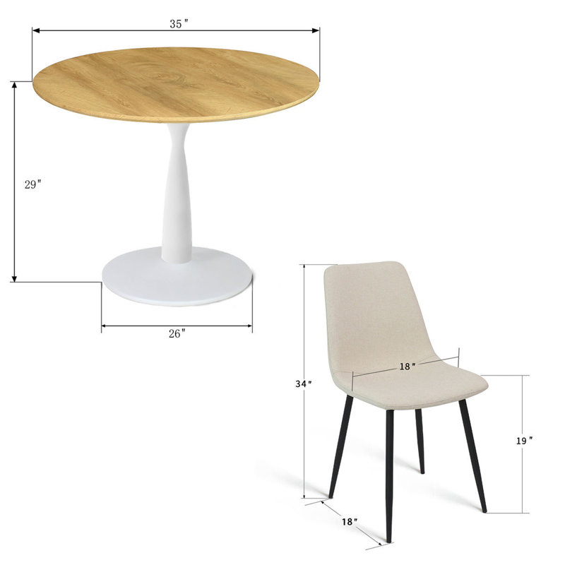 Bassey 4-Person Dining Set with 35" W Round Pedestal Table, White, Beige