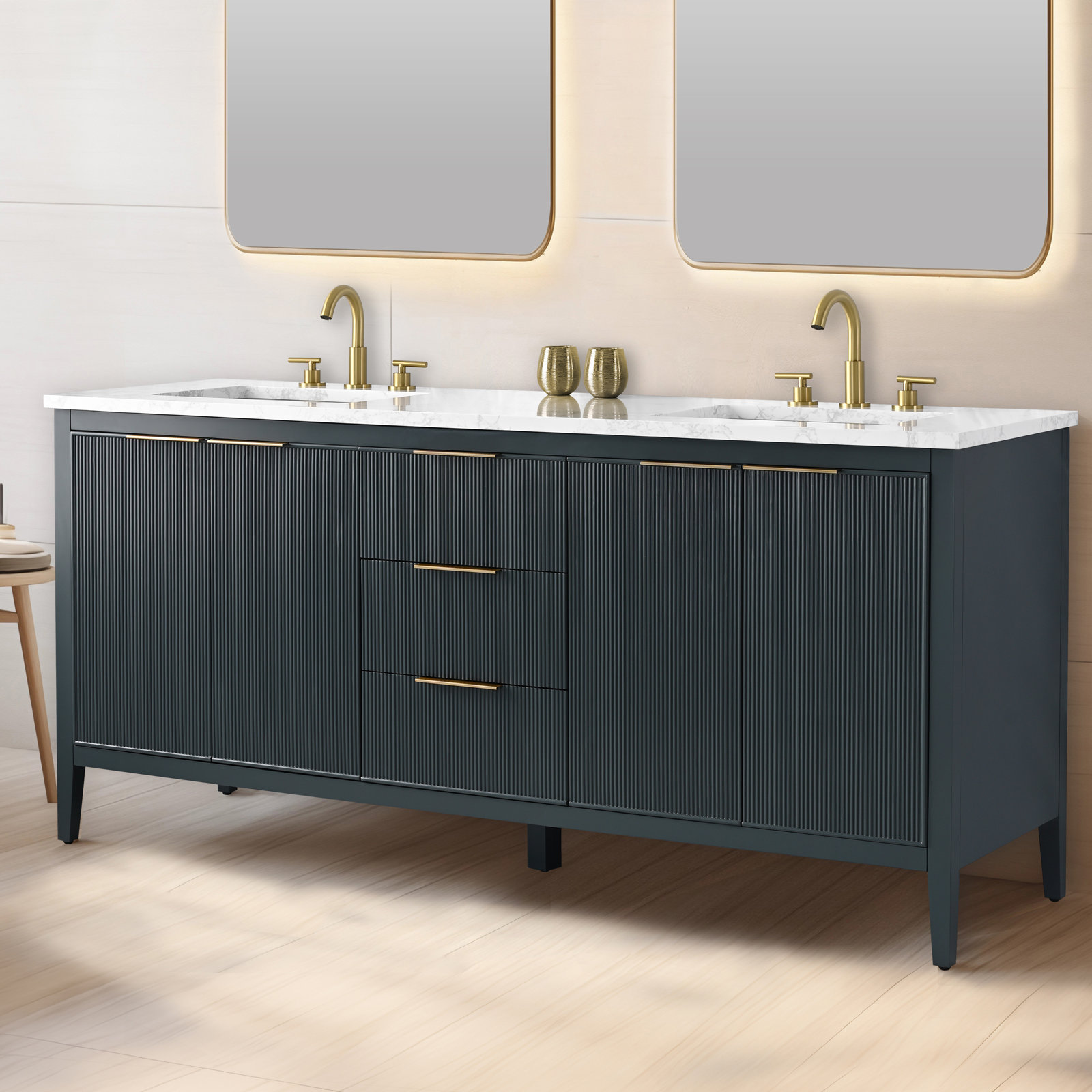 Bilroy 72" Pine Double Bathroom Vanity, Vintage Blue/Brushed Bronze